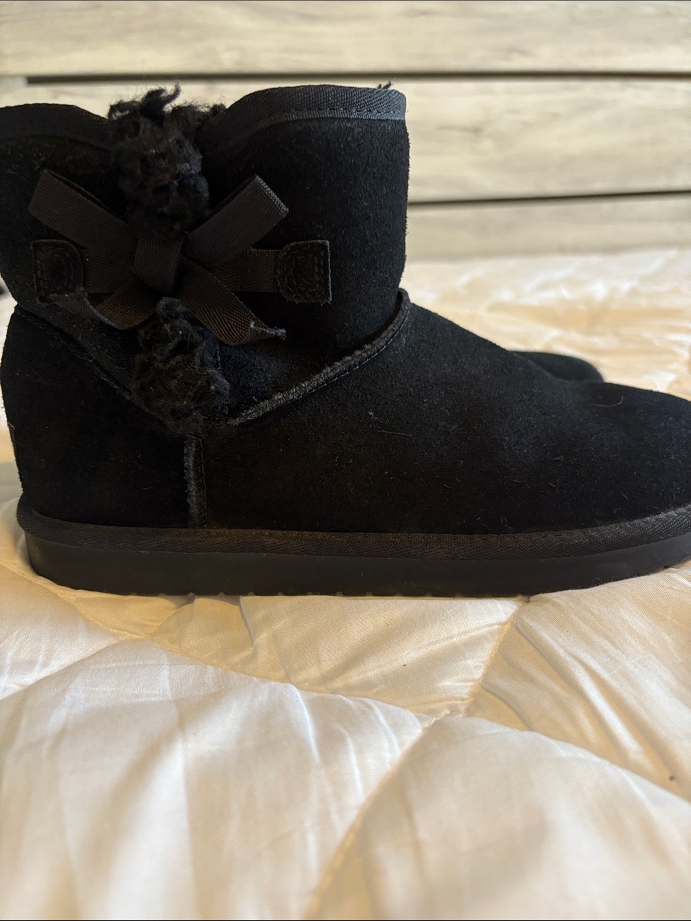 Koolaburra Black Faux-Suede Ankle Booties with Ribbon Bow - Picture 4 of 7